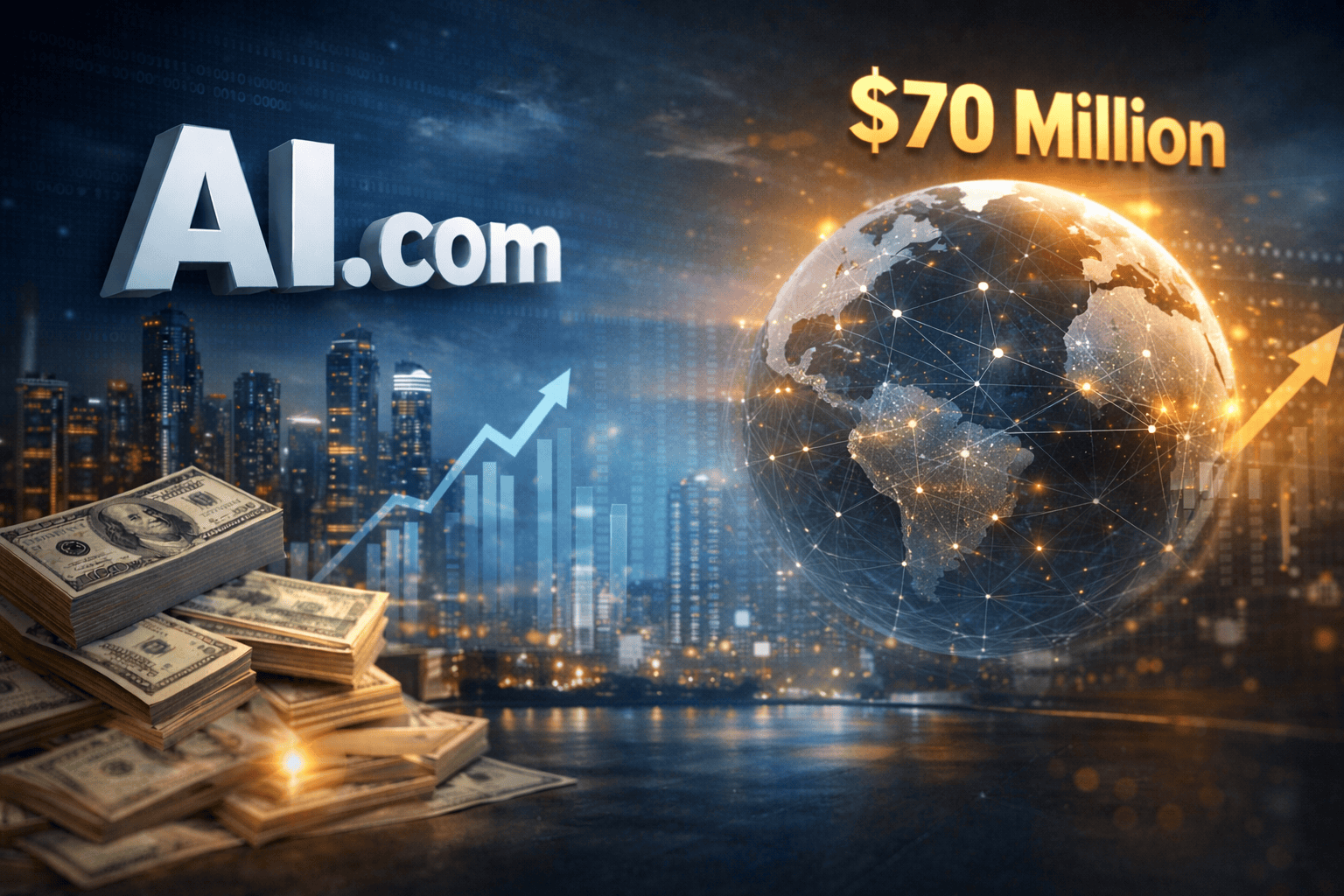AI.com domain sold for $70 million by Malaysian entrepreneur Arsyan Ismail with digital globe and financial growth concept